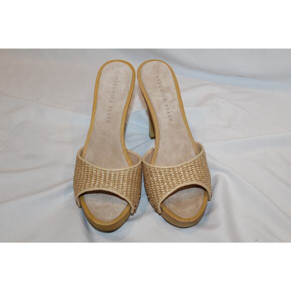 NIB WOMEN\'S VERONICA BEARD LAYNE RAFFIA WOOD HEELED SANDALS ECRU SZ 9‎ $395